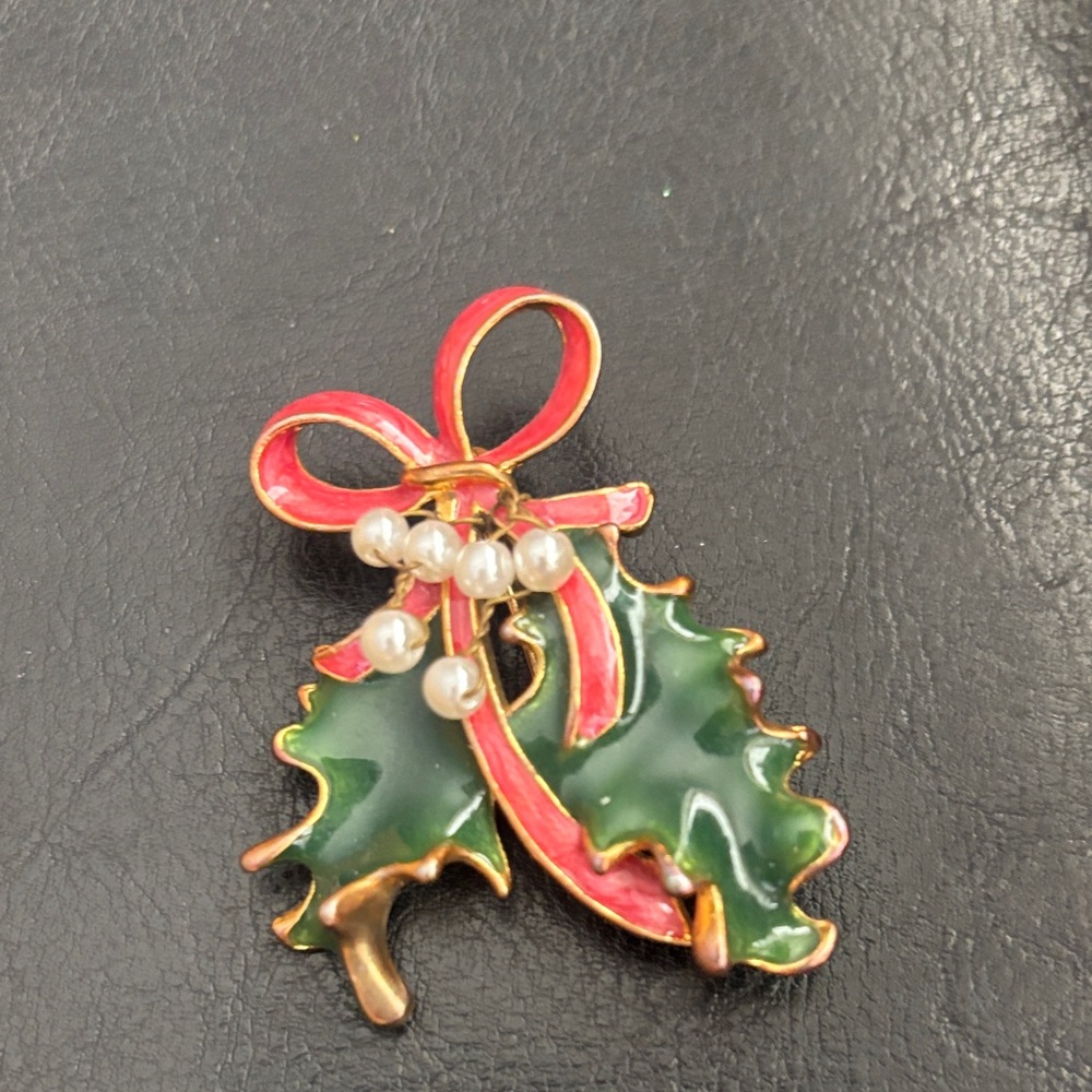 Festive Vintage enameled Holly Brooch with Red Ribbon